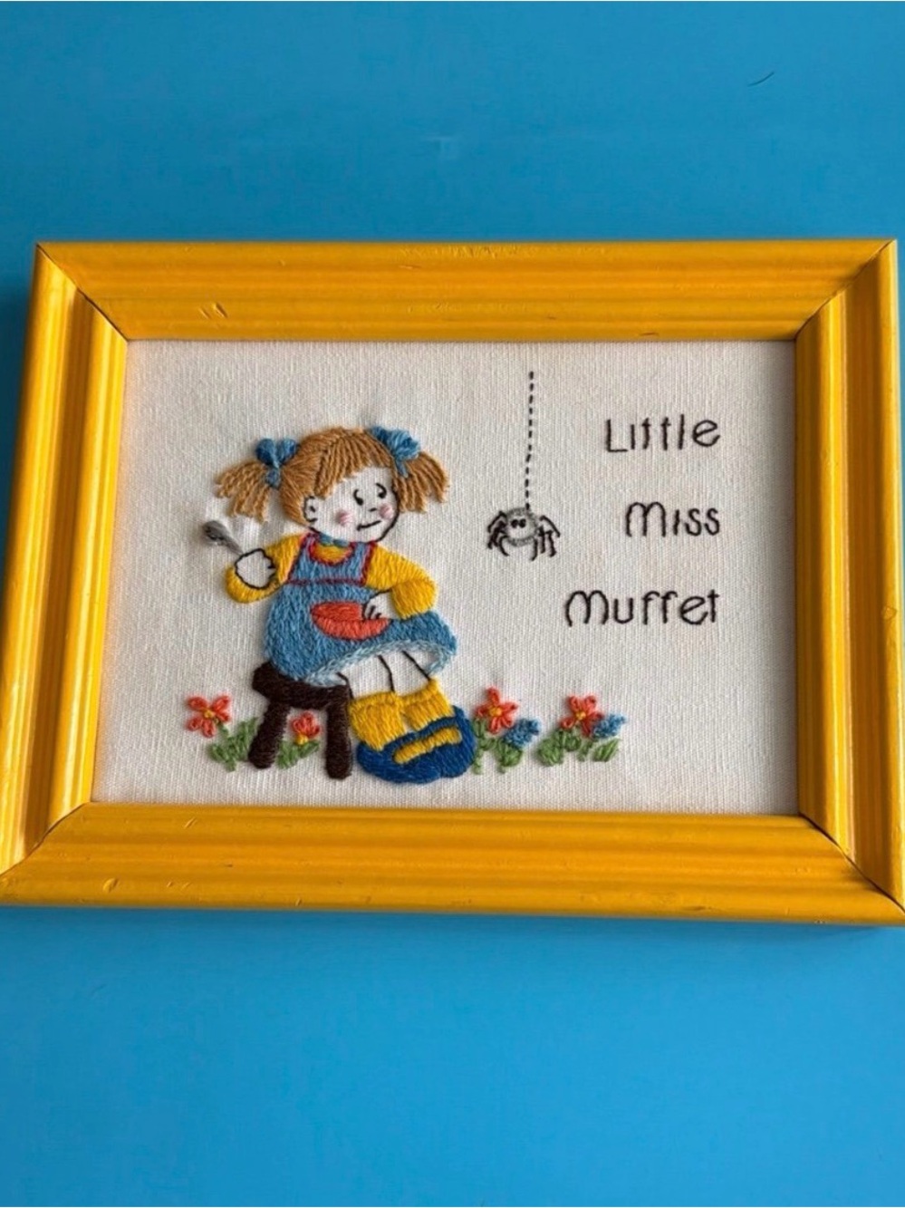 Yellow Framed Vintage Crewel Needlework “Little Miss Muffet” Super Clean